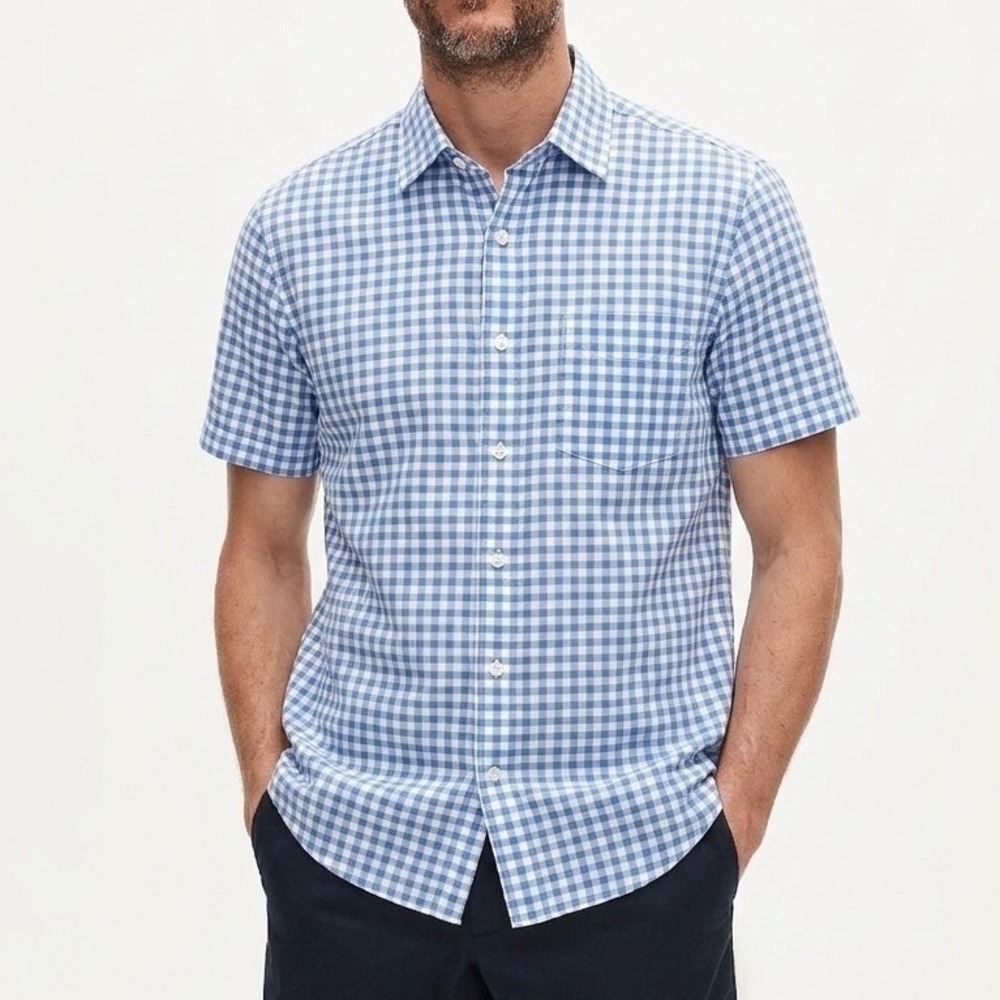 Uniqlo Linen Gingham Check Untucked Button Shirt Men XS Blue White Short Sleeve